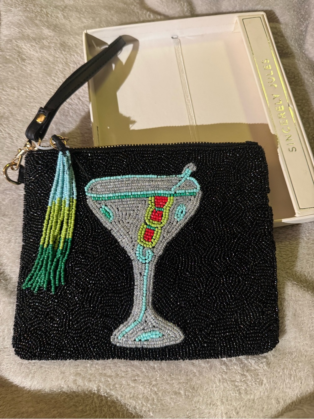 Sincerly Jules Black Beaded Cocktail Wristlet with Tassel